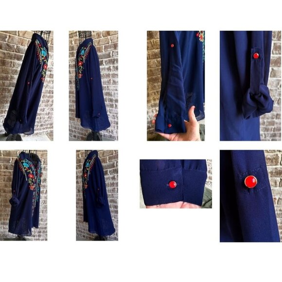 VTG Tunique Tunic Top Medium Floral Embroidery Roll Tab Sleeve Front But… - Picture 6 of 12